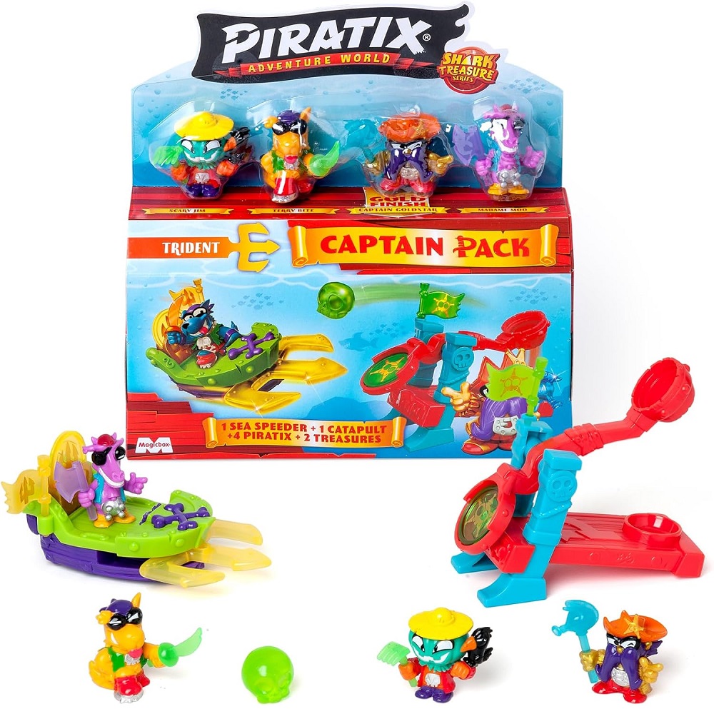 Magic Box Piratix Shark Treasure Captain Pack, zabawki nino Bochnia, pomysł na prezent dla 4 latka, piratix zestaw 4 figurek pojazd i katapulta
