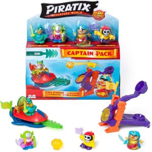 Magic Box Piratix Shark Treasure Captain Pack, zabawki nino Bochnia, pomysł na prezent dla 4 latka, piratix zestaw 4 figurek pojazd i katapulta