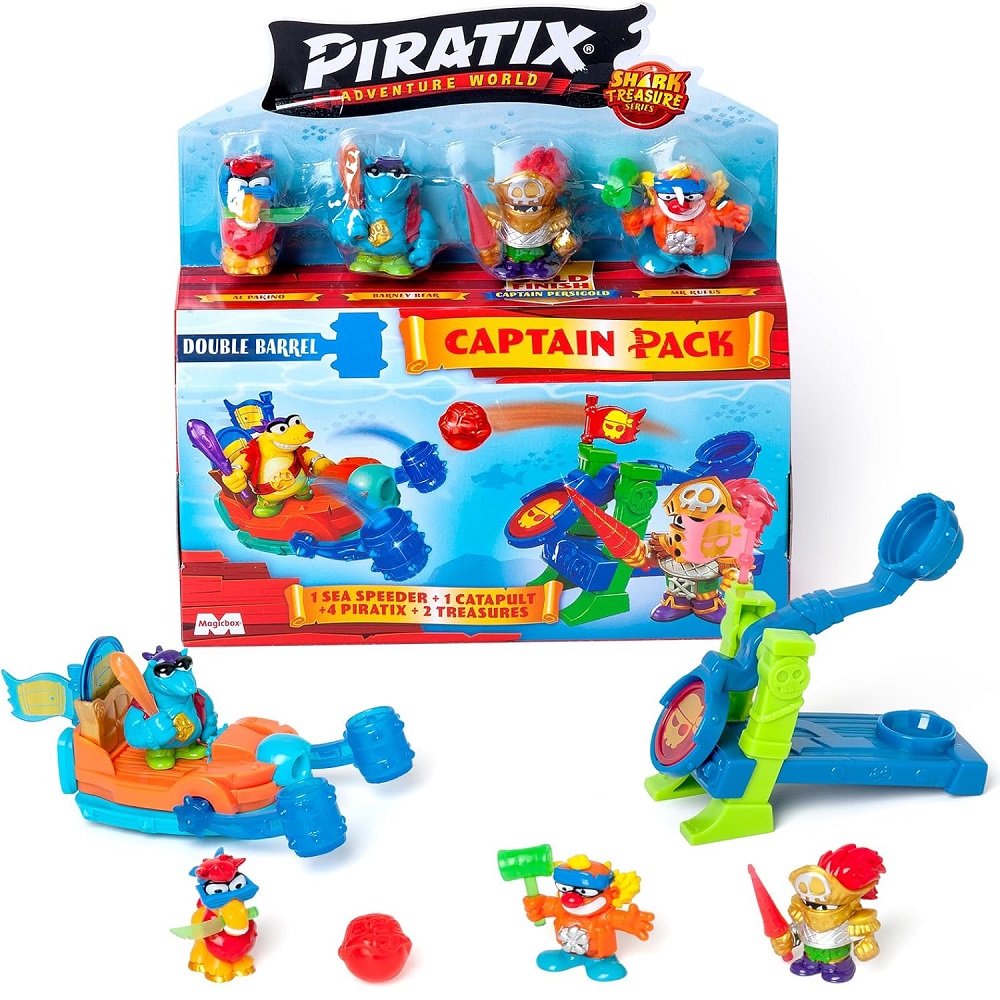 Magic Box Piratix Shark Treasure Captain Pack, zabawki nino Bochnia, pomysł na prezent dla 4 latka, piratix zestaw 4 figurek pojazd i katapulta