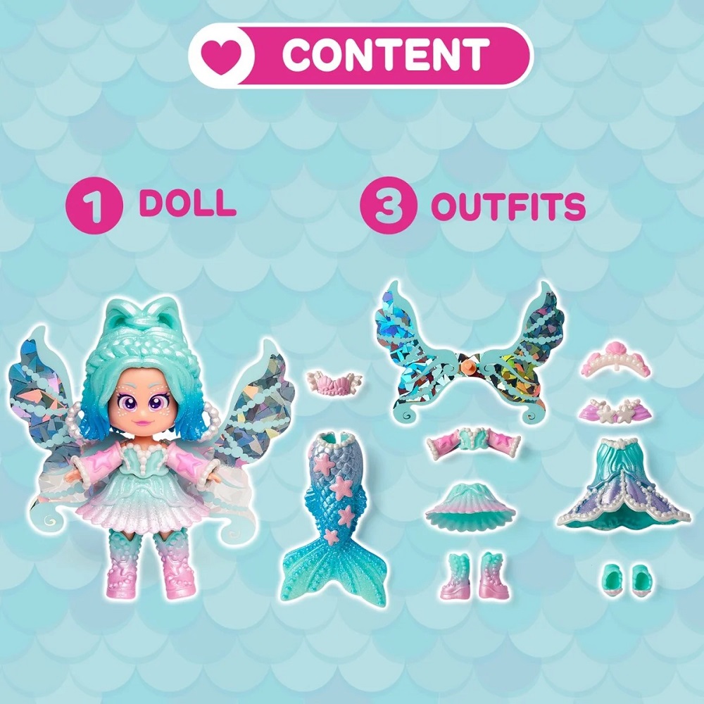 Magicbox Kookyloos Fairytale Mix Match lalka Pearl ubranka, zabawki Nino Bochnia, pomysł na prezent dla 4 latki, laleczka zmieniająca wyraz twarzy, laleczka syrenka, laleczka wróżka