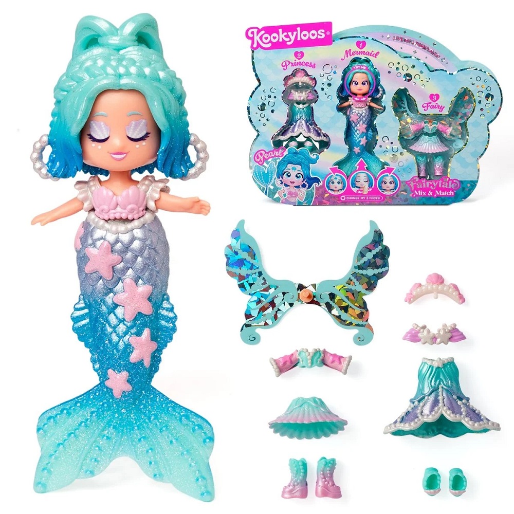 Magicbox Kookyloos Fairytale Mix Match lalka Pearl ubranka, zabawki Nino Bochnia, pomysł na prezent dla 4 latki, laleczka zmieniająca wyraz twarzy, laleczka syrenka, laleczka wróżka