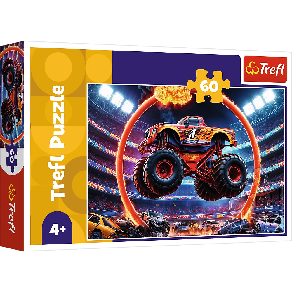 Trefl Puzzle 60 el Monster Truck 17404, zabawki Nino Bochnia, pomysł na prezent dla 4 latka, puzzle monster truck