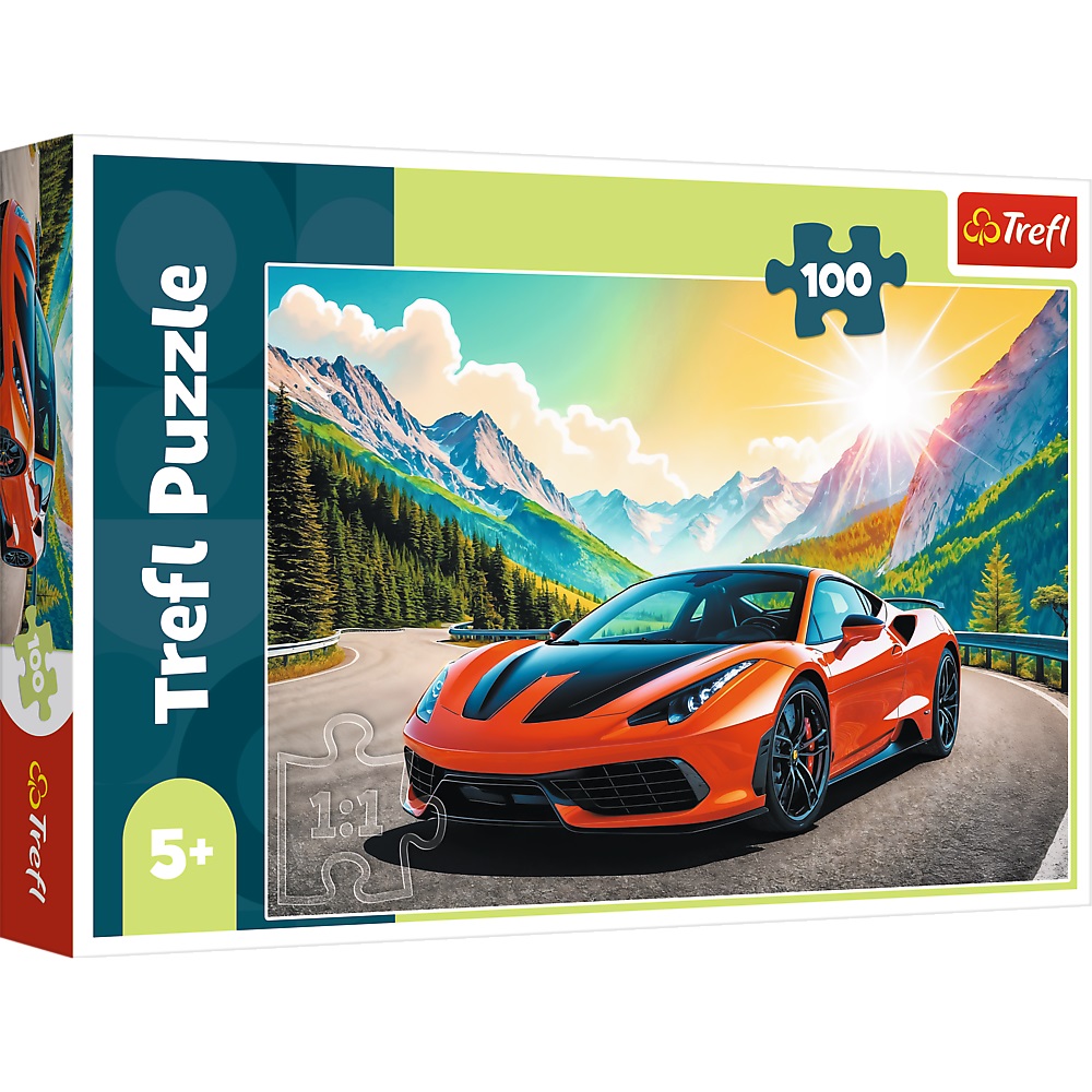 trefl puzzle 100 el Wyścig z czasem 16490, zabawki Nino Bochnia, pomysł na prezent dla 5 latka, puzzle z samochodem dla chłopca