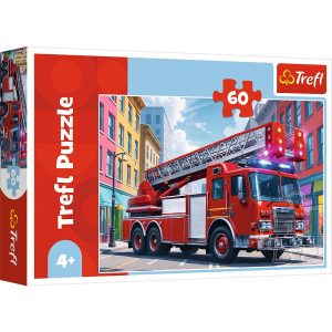 trefl puzzle 60 el Wóz strażacki 17405, zabawki nino Bochnia, pomysł na prezent dla 5 latka, puzzle ze strażą pożarną