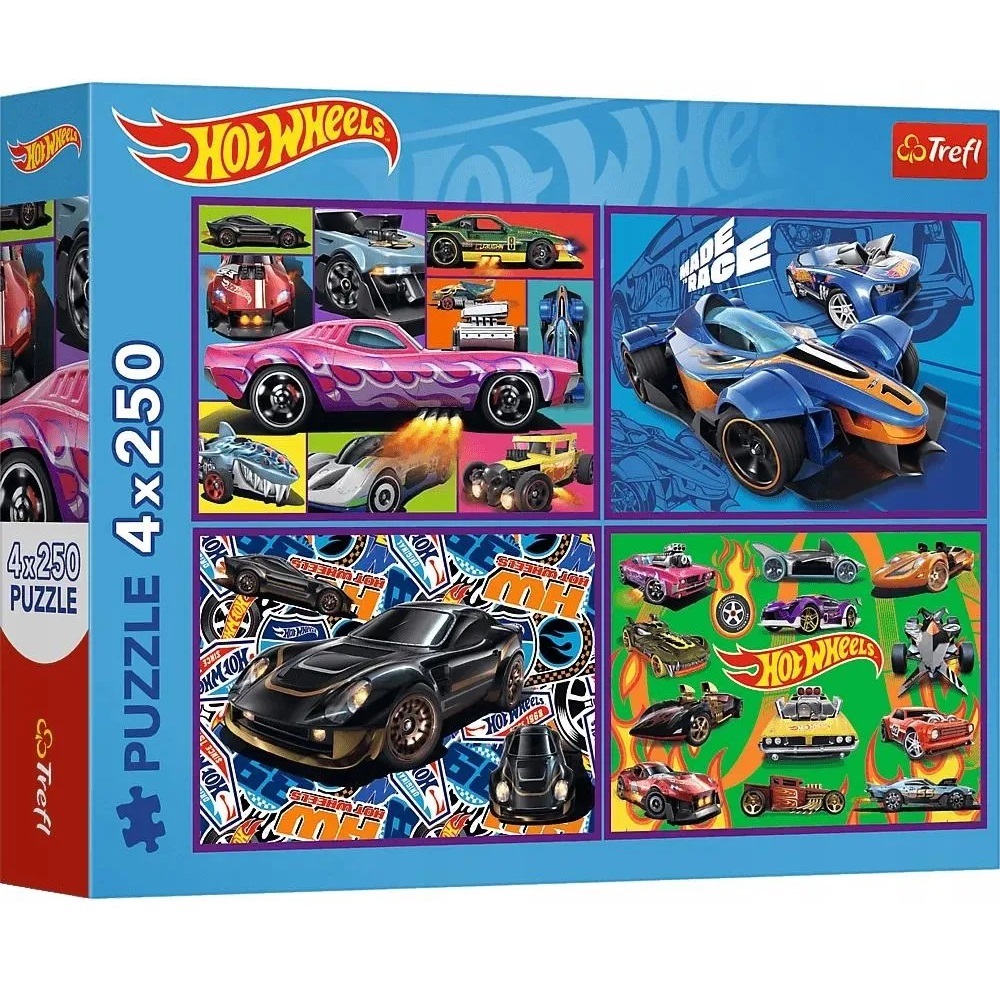 Puzzle 13312 Trefl Hot Wheels 4x250el. Wyścigowe auta, zabawki Nino Bochnia, pomysł na prezent dla 6 latka, puzzle 250 el Hot Wheels samochody
