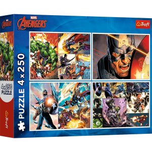Trefl Puzzle 4x250 el Avengers Bohaterskie dni 13309, zabawki Nino Bochnia, pomysł na prezent dla 6 latka, puzzle Avengers 250 elementów