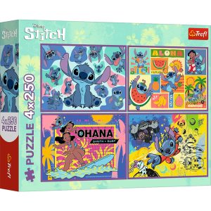 Trefl Puzzle 4x250 el Lilo i Stitch Niezwykły Stitch 13311, zabawki Nino Bochnia, pomysł na prezent dla 6 latki, puzzle 250 el. Lilo i Stitch niebieski kosmita