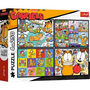 Trefl Puzzle 4x250 el Garfield nie lubi poniedziałków 13344, zabawki Nino Bochnia, pomysł na prezent dla 6 latka, puzzle z kotem Garfieldem