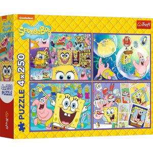 Trefl Puzzle 4x250 el Sponge Bob Szalony świat Spongeboba 13342, zabawki Nino Bochnia, pomysł na prezent dla 6 latka, puzzle Spongebob