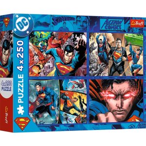 Trefl Puzzle 4x250 el Superman Odwaga Supermana 13340, zabawki Nino Bochnia, pomysł na prezent dla 6 latka, puzzle Superman