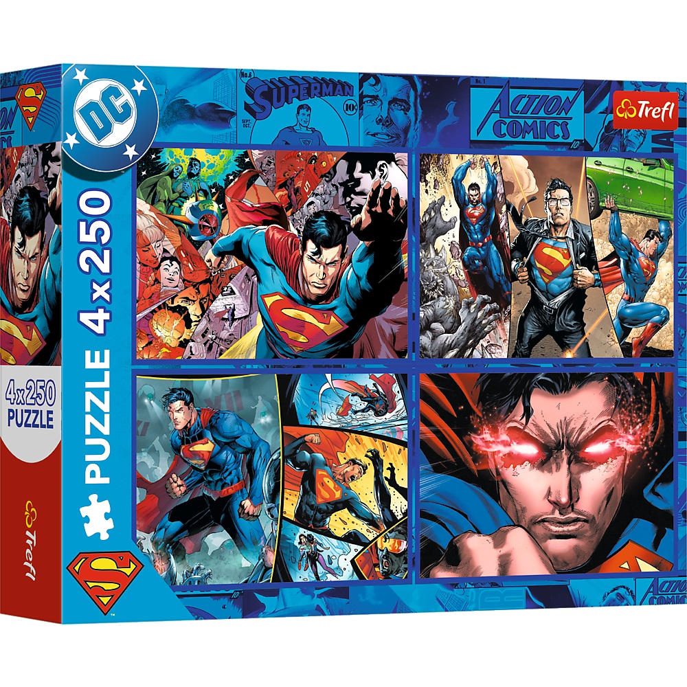 Trefl Puzzle 4x250 el Superman Odwaga Supermana 13340, zabawki Nino Bochnia, pomysł na prezent dla 6 latka, puzzle Superman