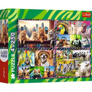 Trefl Puzzle 4x250 el Zabawne zwierzaki 13313, zabawki Nino Bochnia, pomysł na prezent dla 7 latka, puzzle ze zwierzętami 4 układanki po 250 elementów