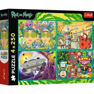 Trefl Puzzle 4x250 el Zakręcony świat Ricka i Morty'ego 13338, zabawki nino Bochnia, pomysł na prezent dla 6 latka, puzzle 250 el Rick i Morty