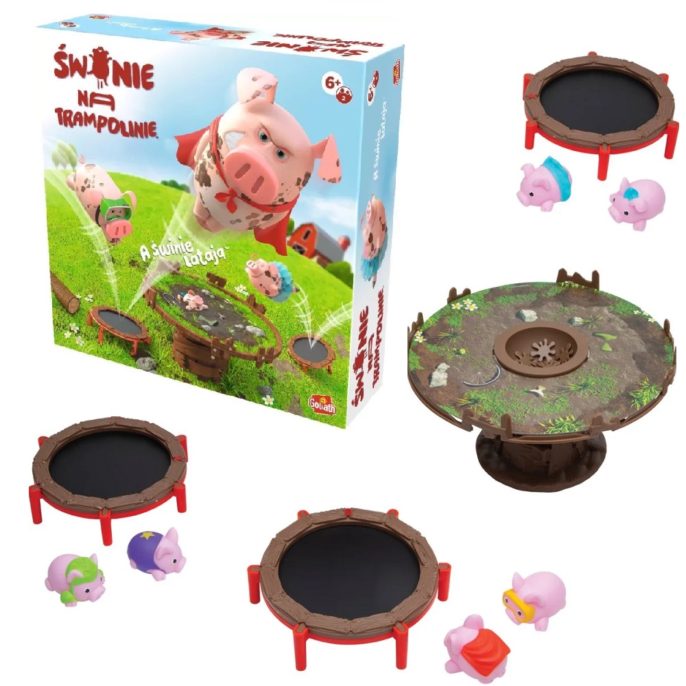 Goliath Gra świnie na trampolinie gra zręcznościowa, zabawki Nino Bochnia, pomysł na prezent dla 6 latka, gra zręcznościowa dla dzieci