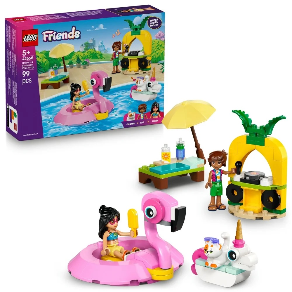 Klocki Lego Friends 42658 Impreza na basenie z jednorożcem i flamingiem, zabawki Nino Bochnia, pomysł na prezent dla 5 latki, lego 42658