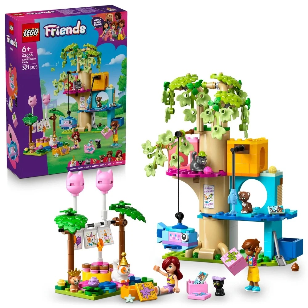 Klocki Lego Friends 42666 Kocie przyjęcie urodzinowe i domek na drzewie, zabawki Nino Bochnia, pomysł na prezent dla 6 latki, lego Friends 42666