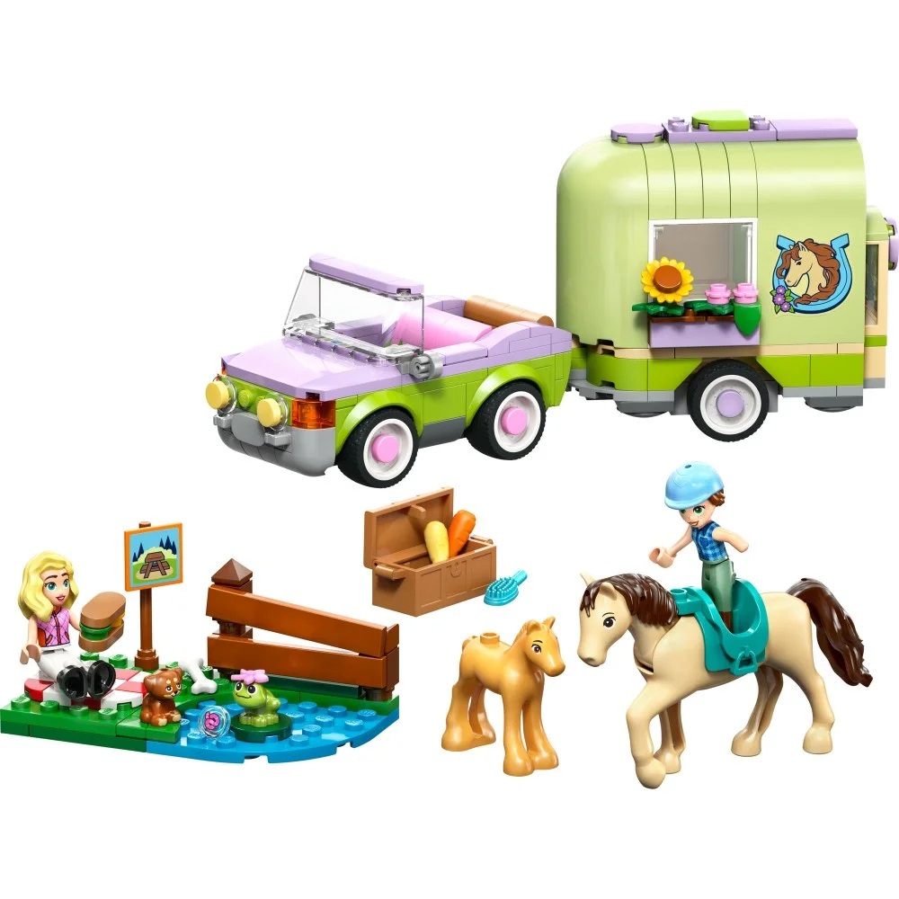 Klocki Lego Friends 42695 Przyczepa z koniem i źrebaczkiem, zabawki Nino Bochnia, pomysł na prezent dla 7 latki, lego Friends 42695, lego 42695