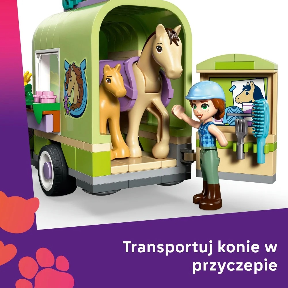 Klocki Lego Friends 42695 Przyczepa z koniem i źrebaczkiem, zabawki Nino Bochnia, pomysł na prezent dla 7 latki, lego Friends 42695, lego 42695