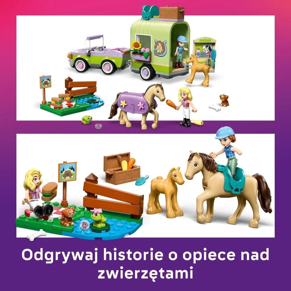 Klocki Lego Friends 42695 Przyczepa z koniem i źrebaczkiem, zabawki Nino Bochnia, pomysł na prezent dla 7 latki, lego Friends 42695, lego 42695