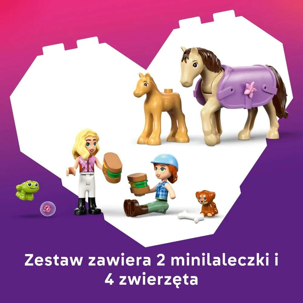 Klocki Lego Friends 42695 Przyczepa z koniem i źrebaczkiem, zabawki Nino Bochnia, pomysł na prezent dla 7 latki, lego Friends 42695, lego 42695