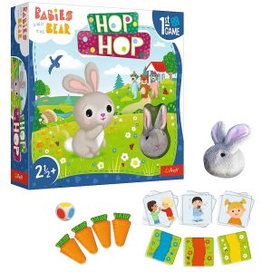 Trefl Gra Bobaski i miś Hop Hop 02435, zabawki Nino Bochnia, gra planszowa dla maluszka, gra dla 2,5 latka, gra z króliczkiem