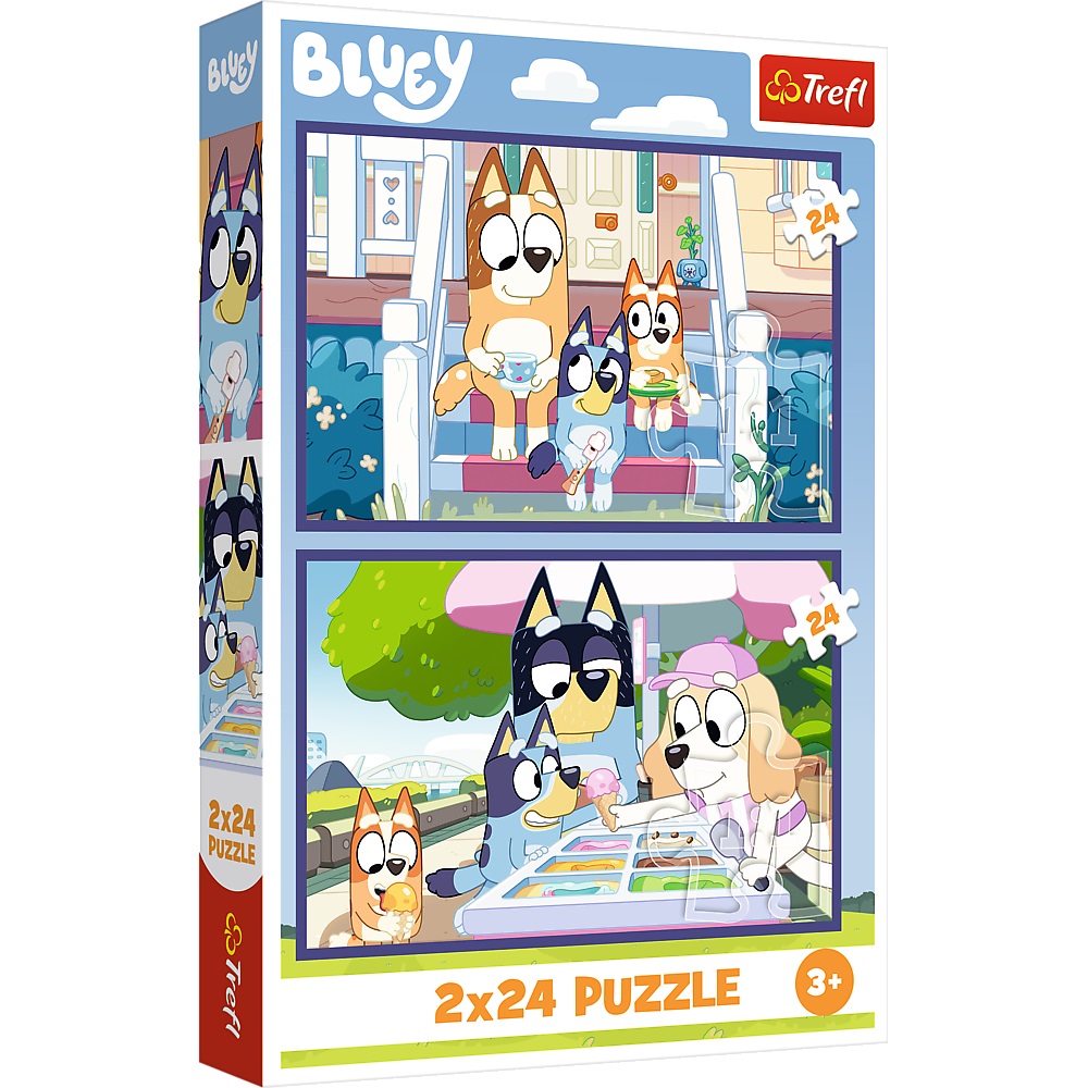 Trefl Puzzle 2x24 el Bluey Zabawna Bluey 34446, zabawki Nino Bochnia, pomysł na prezent dla 3 latki, puzzle Bluey