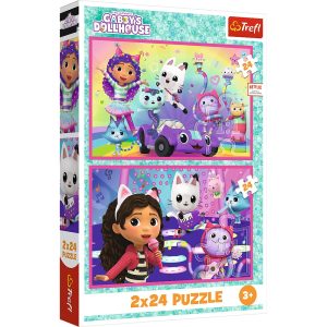 Trefl Puzzle 2x24 el Koci Domek Gabi Zabawy z Gabby 34433, zabawki Nino Bochnia, pomysł na prezent dla 3 latki, puzzle Koci Domek Gabi