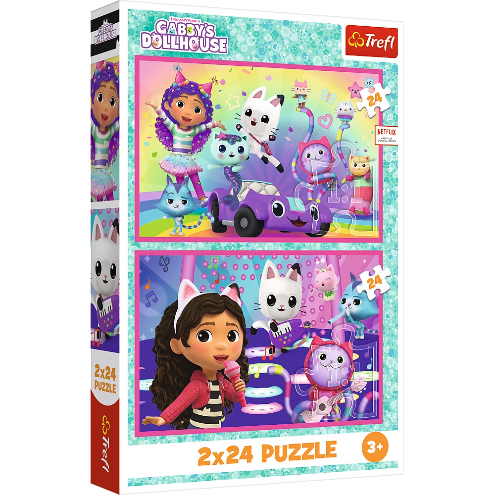 Trefl Puzzle 2x24 el Koci Domek Gabi Zabawy z Gabby 34433, zabawki Nino Bochnia, pomysł na prezent dla 3 latki, puzzle Koci Domek Gabi