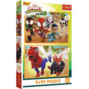 Trefl Puzzle 2x24 el Spiderman Spidey i dinozaury 34432, zabawki Nino Bochnia, pomysł na prezent dla 3 latka, puzzle Spidey i super kumple