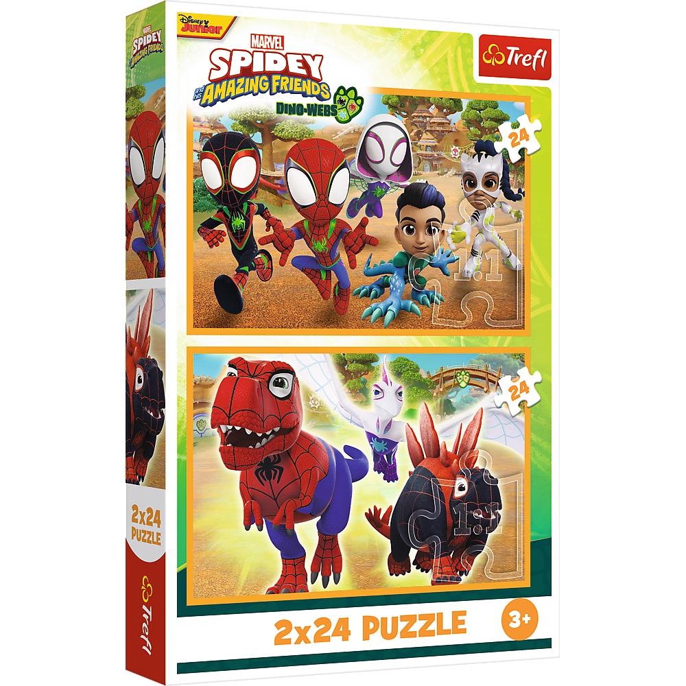 Trefl Puzzle 2x24 el Spiderman Spidey i dinozaury 34432, zabawki Nino Bochnia, pomysł na prezent dla 3 latka, puzzle Spidey i super kumple