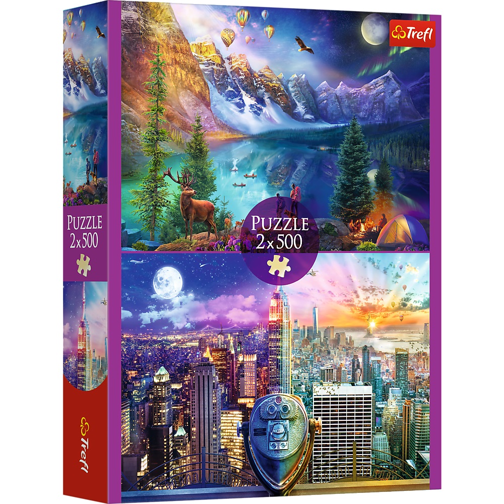 Trefl Puzzle 2x500 el Wycieczka po Ameryce 37500, zabawki Nino Bochnia, pomysł na prezent dla 9 latki, puzzle 500 el widokowe
