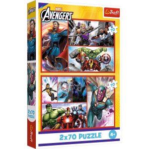 Trefl Puzzle 2x70 el Avengers Zostań bohaterem 34439, zabawki Nino Bochnia, pomysł na prezent dla 5 latka, puzzle Avengers