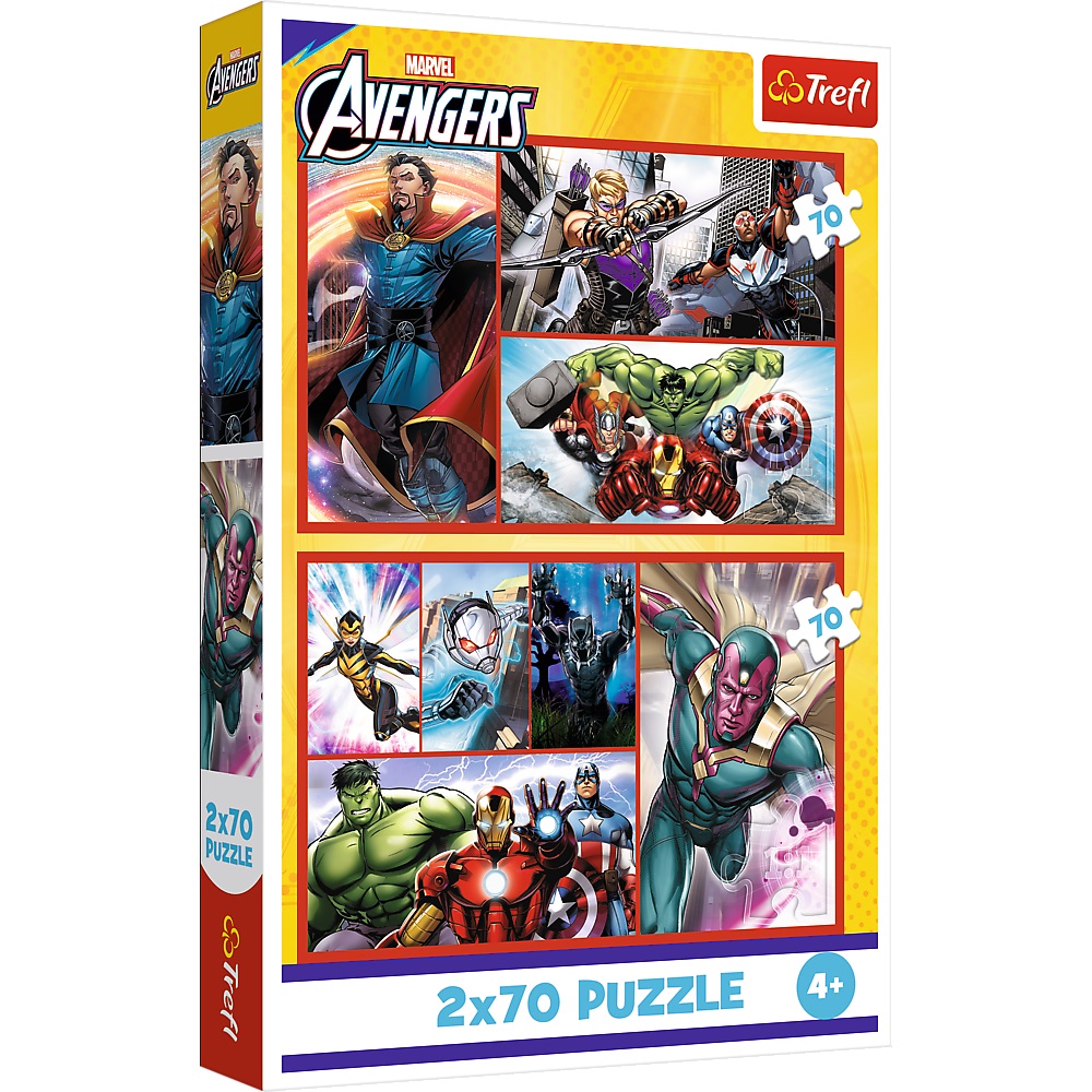 Trefl Puzzle 2x70 el Avengers Zostań bohaterem 34439, zabawki Nino Bochnia, pomysł na prezent dla 5 latka, puzzle Avengers