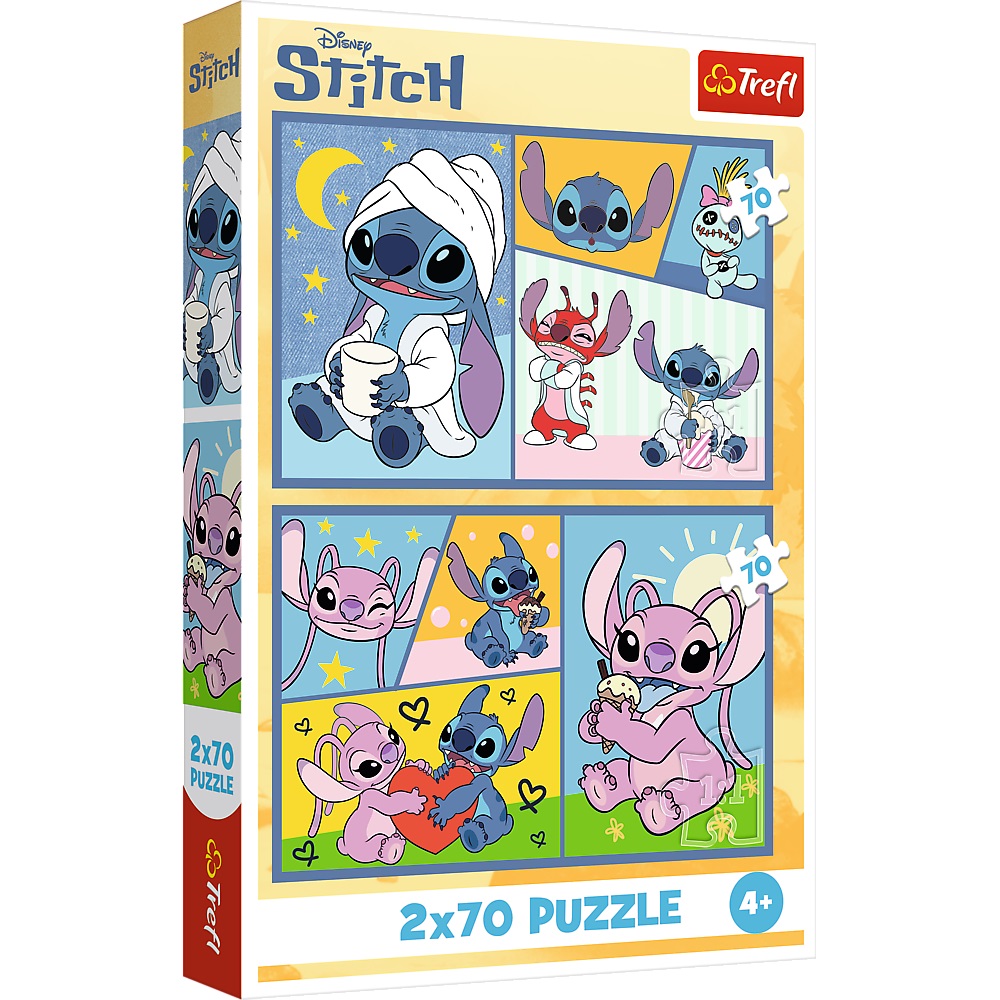 Trefl Puzzle 2x70 el Lilo i Stitch Ze Stitchem nie ma nudy 34444, zabawki Nino Bochnia, pomysł na prezent dla 5 latka, puzzle ze Stitchem