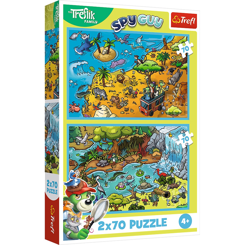 Trefl Puzzle 2x70 el Rodzina Treflików Trefliki w krainie zwierząt 34445, zabawki Nino Bochnia, pomysł na prezent dla 5 latka, puzzle rodzina Treflików