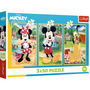 Trefl Puzzle 3x50 el Myszka Miki Myszki na wakacjach 34881, zabawki Nino Bochnia, pomysł na prezent dla 4 latka, puzzle Myszka Miki