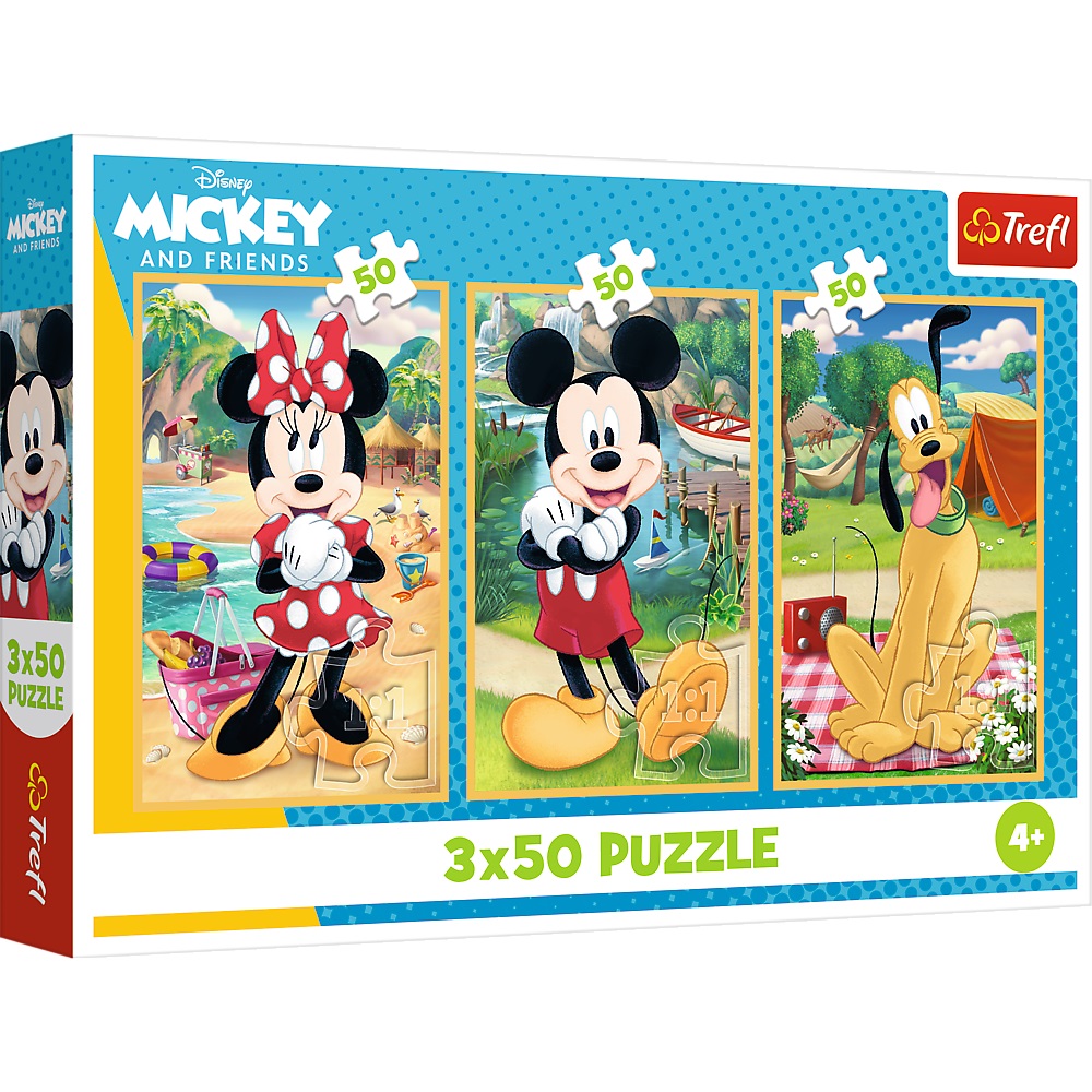 Trefl Puzzle 3x50 el Myszka Miki Myszki na wakacjach 34881, zabawki Nino Bochnia, pomysł na prezent dla 4 latka, puzzle Myszka Miki
