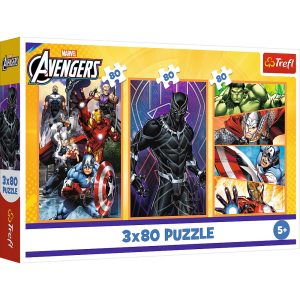 Trefl Puzzle 3x80 el Avengers Dni pełne akcji 34883, zabawki Nino Bochnia, pomysł na prezent dla 5 latka, puzzle Avengers
