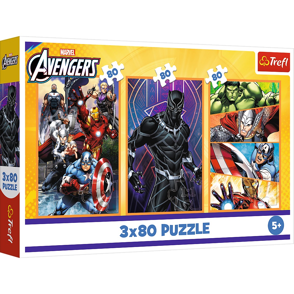 Trefl Puzzle 3x80 el Avengers Dni pełne akcji 34883, zabawki Nino Bochnia, pomysł na prezent dla 5 latka, puzzle Avengers