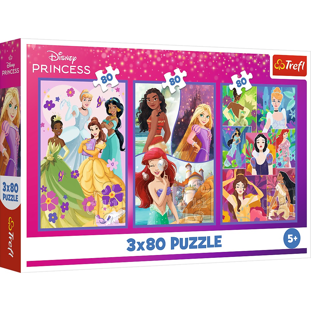 Trefl Puzzle 3x80 el Disney Princess Księżniczki przyjaciółki 34884, zabawki Nino Bochnia, pomysł na prezent dla 5 latki, puzzle Disney Księżniczki