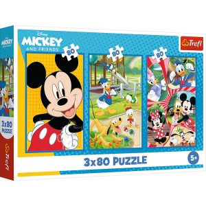 Trefl Puzzle 3x80 el Myszka Miki Ekipa Myszki Miki 34887, zabawki Nino Bochnia, pomysł na prezent dla 4 latka, Puzzle Myszka Miki
