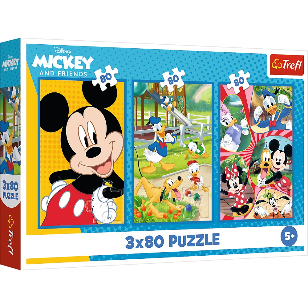 Trefl Puzzle 3x80 el Myszka Miki Ekipa Myszki Miki 34887, zabawki Nino Bochnia, pomysł na prezent dla 4 latka, Puzzle Myszka Miki