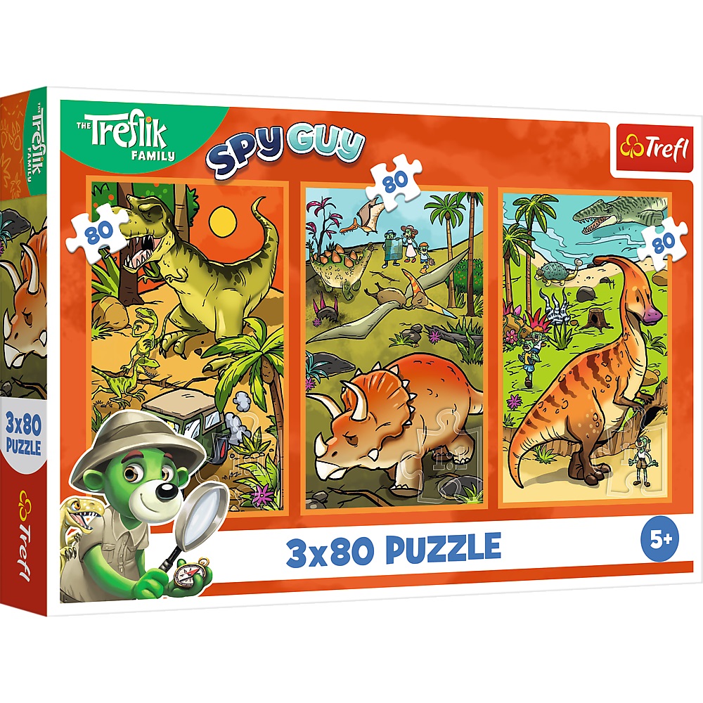 Trefl Puzzle 3x80 el Rodzina Treflików Trefliki w rodzinie dinozaurów 34888, zabawki Nino Bochnia, pomysł na prezent dla 5 latka, puzzle dinozaury