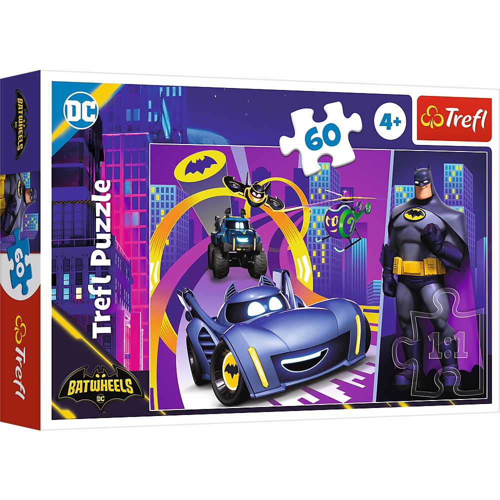 Trefl Puzzle 60 el Batman i jego pojazdy 17400, zabawki Nino Bochnia, pomysł na prezent dla 4 latka, puzzle Batman dla chłopca 4 letniego