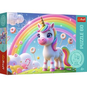 Trefl Puzzle 60 el Cukierkowy świat 17416, zabawki Nino Bochnia, puzzle z konikiem jednorożcem, pomysł na prezent dla 4 latki