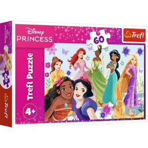 Trefl Puzzle 60 el Disney Princess Księżniczki w akcji 17409, zabawki Nino Bochnia, pomysł na prezent dla 4 latki, puzzle z księżniczkami