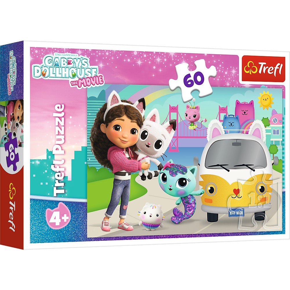 Trefl Puzzle 60 el Koci Domek Gabi Gabby i kocie przygody 17415, zabawki nino bochnia, pomysł na prezent dla 4 latki, puzzle Koci domek Gabi dla 4 latki