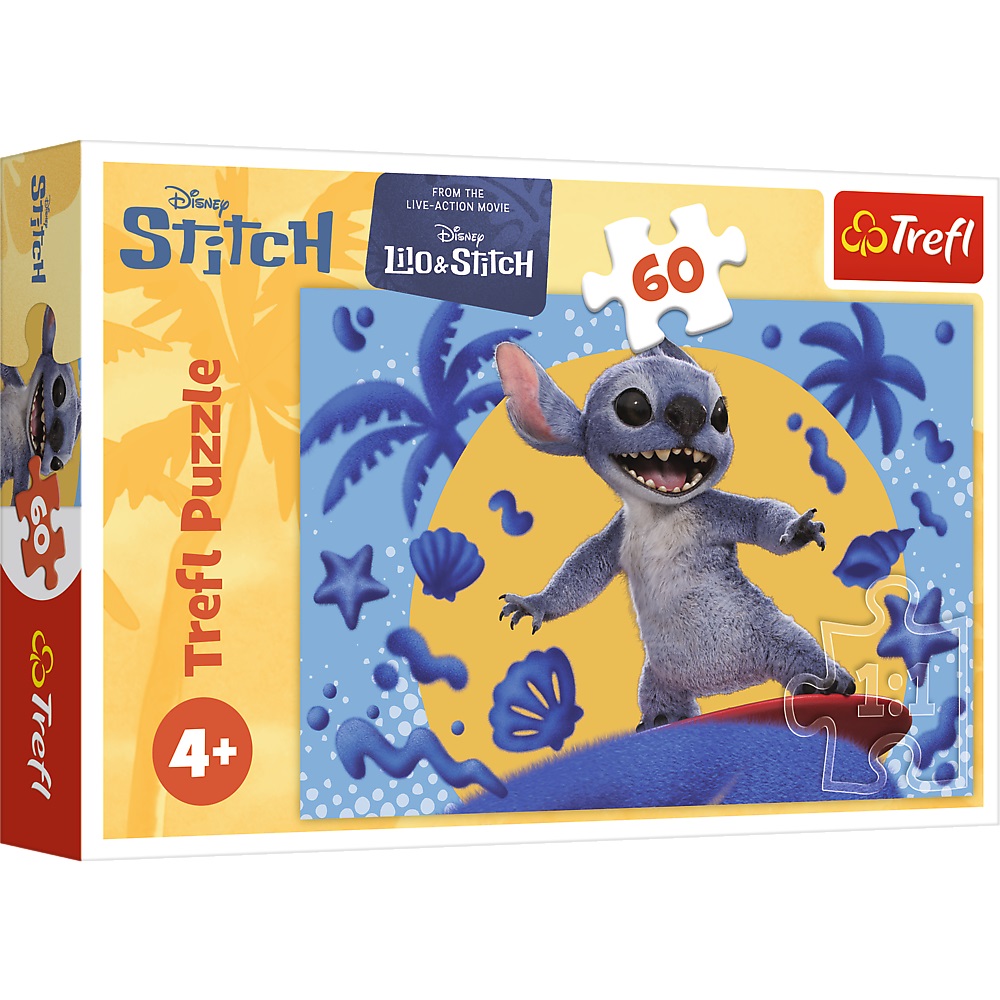 Trefl Puzzle 60 el Lilo i Stitch Dzień ze Stitchem 17407, zabawki Nino Bochnia, pomysł na prezent dla 4 latki, puzzle ze Stitchem