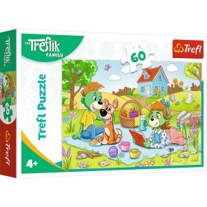 Trefl Puzzle 60 el Rodzina Treflików Przygody Rodziny Treflików 17394, zabawki Nino Bochnia, pomysł na prezent dla 4 latka, puzzle do układania Rodzina Treflików