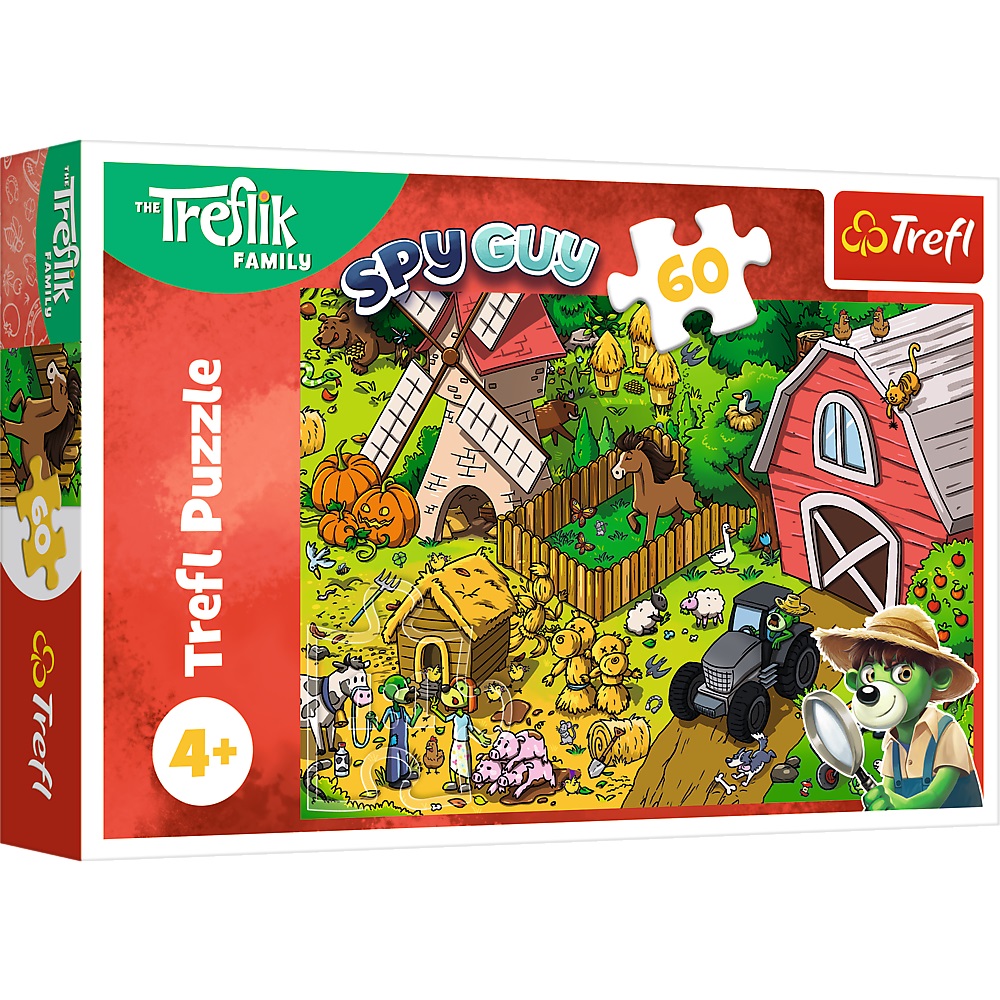 Trefl Puzzle 60 el Rodzina Treflików Trefliki na farmie 17402, zabawki Nino Bochnia, pomysł na prezent dla 4 latka, puzzle Rodzina Trefliów